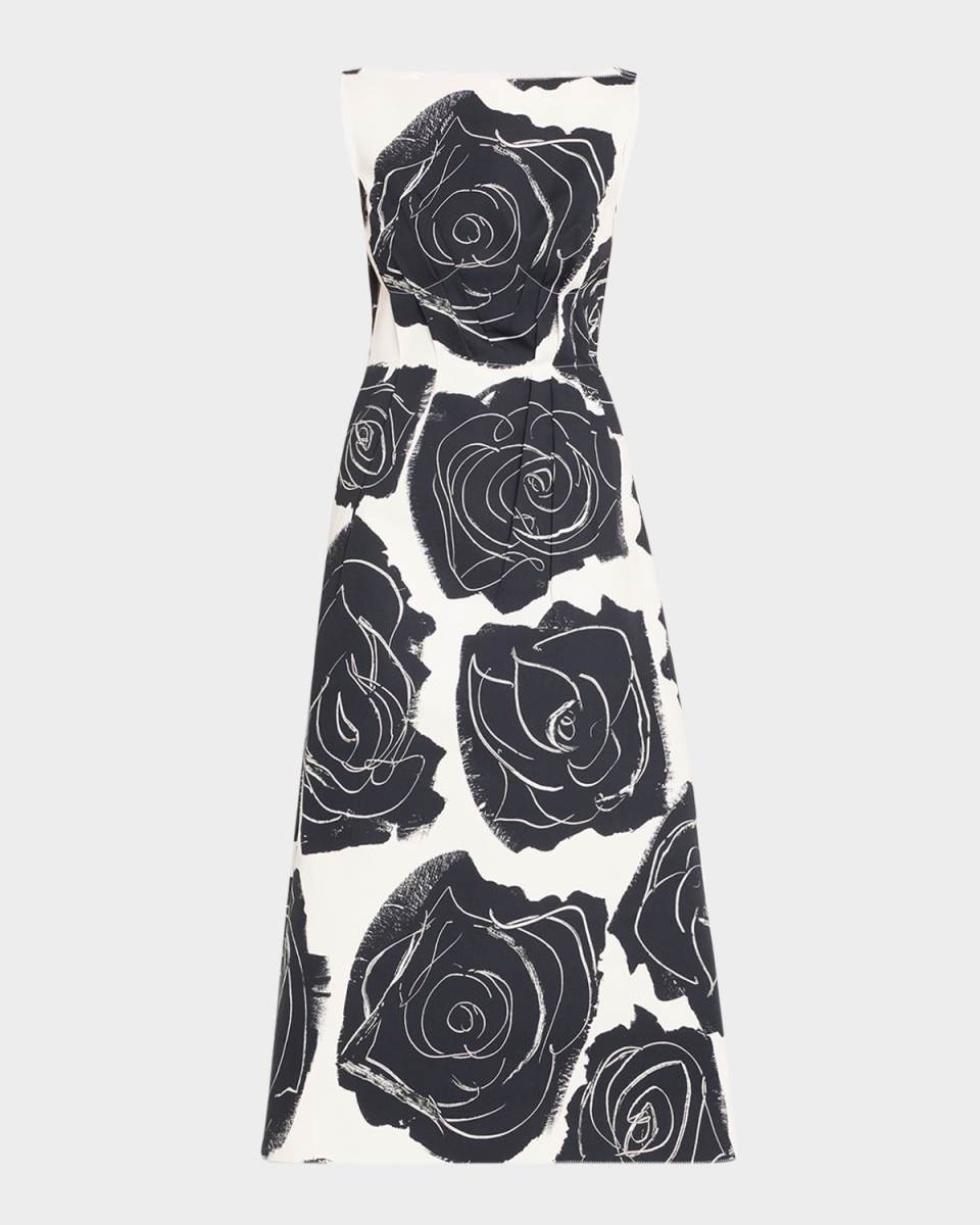 Rose-Print Sleeveless Button-Back Midi Dress